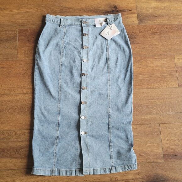 NEW Denim Maxi Skirt Sz 11 29 Button Front Happily Grey Boho Stretch Modest - Picture 10 of 16